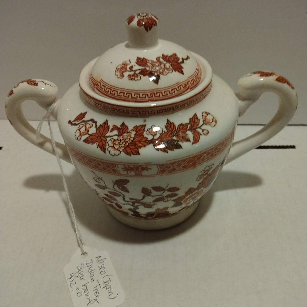 White and Burnt Orange Floral Porcelain Sugar Bowl with Lid